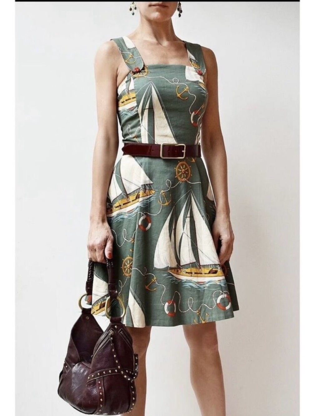 Lauren Ralph Lauren Green Nautical Sailboat Print Midi Dress